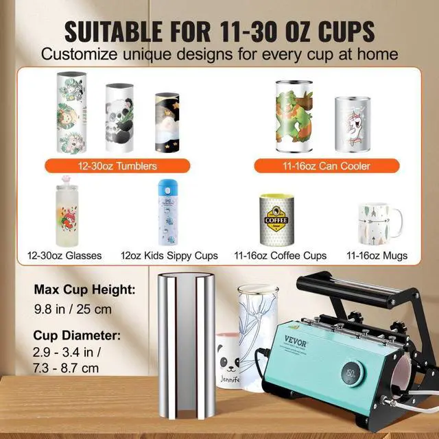 Alt view image 2 of 7 - VEVOR Mug Heat Press, 11-30oz Tumbler Heat Press Machine, Sublimation Transfer Straight Skinny Tumblers, Cup Heat Press with Heat-resist Gloves & Tape, DIY Ceramic Mugs Cups Glasses, As Gift, Green