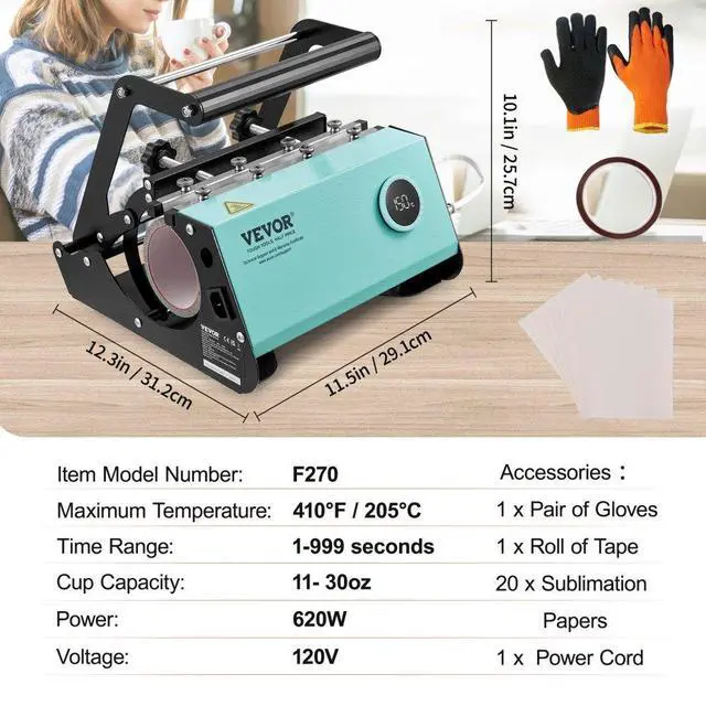 Alt view image 7 of 7 - VEVOR Mug Heat Press, 11-30oz Tumbler Heat Press Machine, Sublimation Transfer Straight Skinny Tumblers, Cup Heat Press with Heat-resist Gloves & Tape, DIY Ceramic Mugs Cups Glasses, As Gift, Green