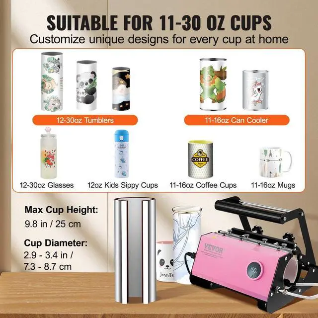 Alt view image 2 of 7 - VEVOR Mug Heat Press, 11-30oz Tumbler Heat Press Machine, Sublimation Transfer Straight Skinny Tumblers, Cup Heat Press with Heat-resist Gloves & Tape, DIY Ceramic Mugs Cups Glasses, As Gift, Pink