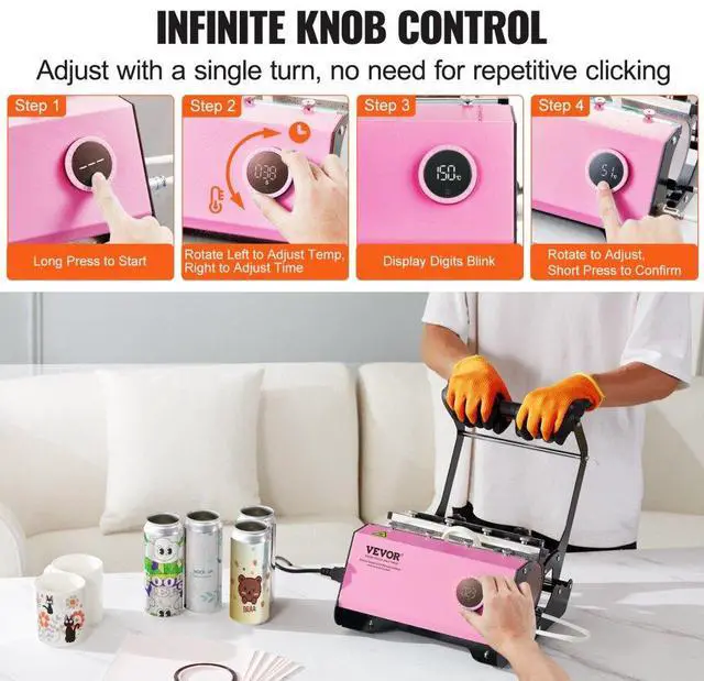 Alt view image 4 of 7 - VEVOR Mug Heat Press, 11-30oz Tumbler Heat Press Machine, Sublimation Transfer Straight Skinny Tumblers, Cup Heat Press with Heat-resist Gloves & Tape, DIY Ceramic Mugs Cups Glasses, As Gift, Pink