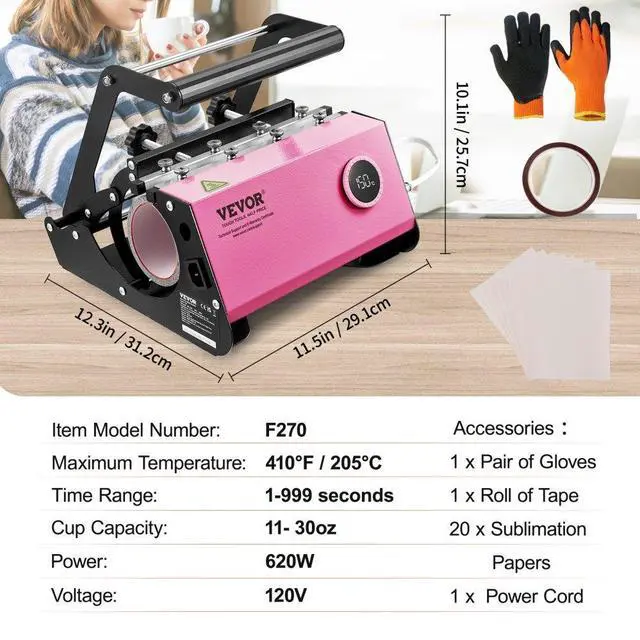 Alt view image 7 of 7 - VEVOR Mug Heat Press, 11-30oz Tumbler Heat Press Machine, Sublimation Transfer Straight Skinny Tumblers, Cup Heat Press with Heat-resist Gloves & Tape, DIY Ceramic Mugs Cups Glasses, As Gift, Pink