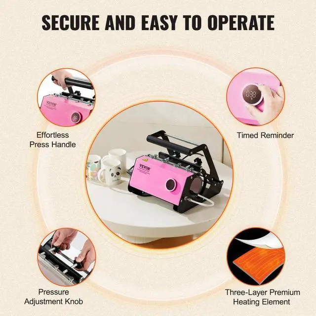 Alt view image 5 of 7 - VEVOR Mug Heat Press, 11-30oz Tumbler Heat Press Machine, Sublimation Transfer Straight Skinny Tumblers, Cup Heat Press with Heat-resist Gloves & Tape, DIY Ceramic Mugs Cups Glasses, As Gift, Pink