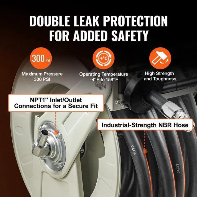 Alt view image 3 of 7 - VEVOR Fuel Hose Reel, 3/4" x 50', Extra Long Retractable Diesel Hose Reel, Heavy-Duty Carbon Steel Construction with Automatic Fuel Nozzle, NBR Rubber Hose for Aircraft Ship Vehicle Tank Truck, 300PSI