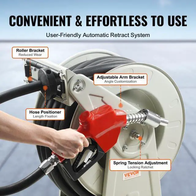Alt view image 4 of 7 - VEVOR Fuel Hose Reel, 3/4" x 50', Extra Long Retractable Diesel Hose Reel, Heavy-Duty Carbon Steel Construction with Automatic Fuel Nozzle, NBR Rubber Hose for Aircraft Ship Vehicle Tank Truck, 300PSI