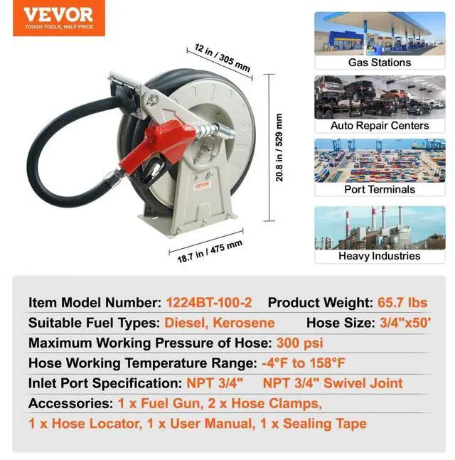 Alt view image 7 of 7 - VEVOR Fuel Hose Reel, 3/4" x 50', Extra Long Retractable Diesel Hose Reel, Heavy-Duty Carbon Steel Construction with Automatic Fuel Nozzle, NBR Rubber Hose for Aircraft Ship Vehicle Tank Truck, 300PSI