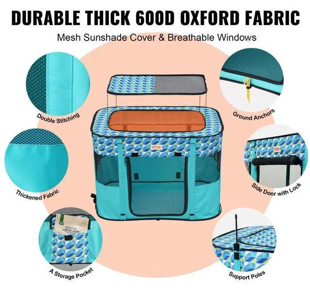 Alt view image 3 of 7 - VEVOR Foldable Pet Playpen, 32'' x 24'' x 22'' Portable Dog Playpen, Crate Kennel for Puppy, Dog, Cat, Waterproof 600D Oxford Cloth, Removable Zipper, for Indoor Outdoor Travel Camping (Rectangle, S)