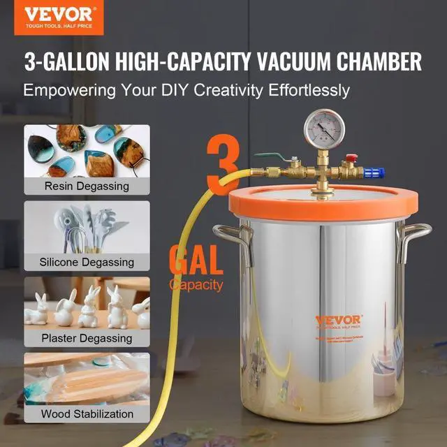 Alt view image 2 of 7 - VEVOR 3 Gallon Vacuum Chamber, Upgraded Tempered Glass Lid Vacuum Degassing Chamber, 304 Stainless Steel Chamber, for Stabilizing Wood, Resin Degassing, Silicone Degassing and Plaster Degassing