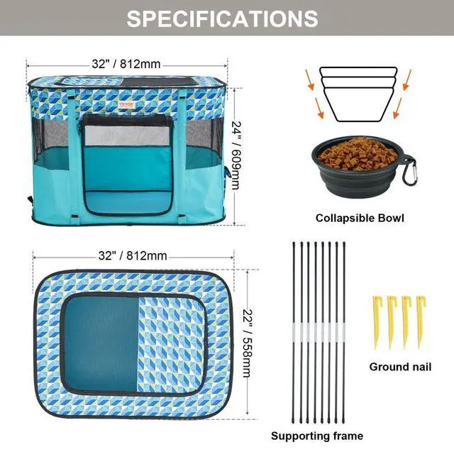 Alt view image 7 of 7 - VEVOR Foldable Pet Playpen, 32'' x 24'' x 22'' Portable Dog Playpen, Crate Kennel for Puppy, Dog, Cat, Waterproof 600D Oxford Cloth, Removable Zipper, for Indoor Outdoor Travel Camping (Rectangle, S)