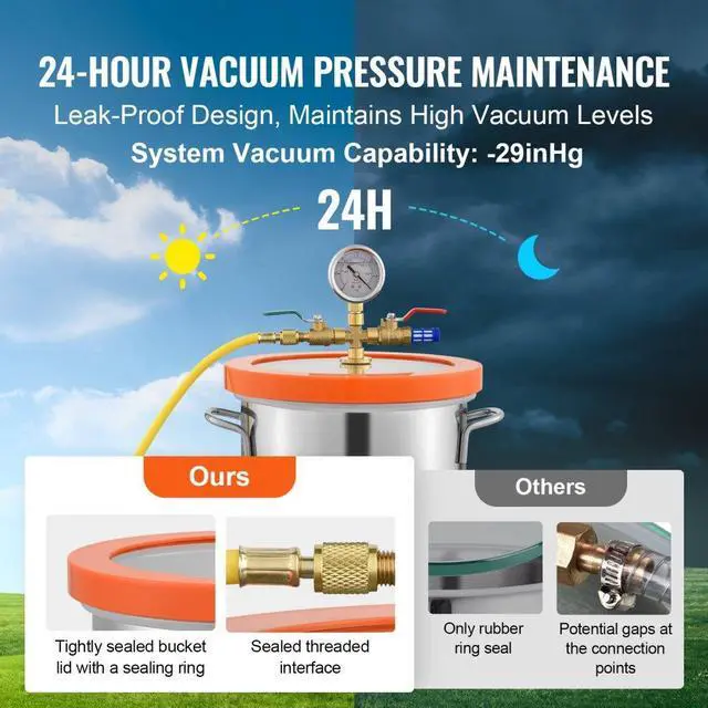 Alt view image 3 of 7 - VEVOR 3 Gallon Vacuum Chamber, Upgraded Tempered Glass Lid Vacuum Degassing Chamber, 304 Stainless Steel Chamber, for Stabilizing Wood, Resin Degassing, Silicone Degassing and Plaster Degassing