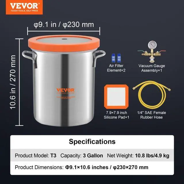 Alt view image 7 of 7 - VEVOR 3 Gallon Vacuum Chamber, Upgraded Tempered Glass Lid Vacuum Degassing Chamber, 304 Stainless Steel Chamber, for Stabilizing Wood, Resin Degassing, Silicone Degassing and Plaster Degassing