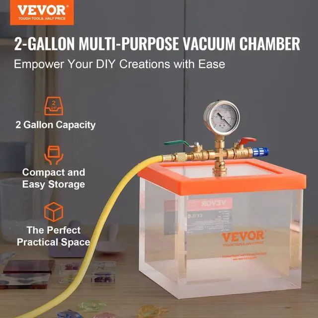 Alt view image 2 of 14 - VEVOR 2 Gallon Vacuum Chamber, Upgraded Multipurpose Acrylic Vacuum Degassing Chamber, Transparent Vacuum Chamber, for Resin Degassing, Silica Gel Degassing, Gypsum Degassing and Vacuum Extraction