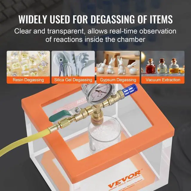 Alt view image 6 of 14 - VEVOR 2 Gallon Vacuum Chamber, Upgraded Multipurpose Acrylic Vacuum Degassing Chamber, Transparent Vacuum Chamber, for Resin Degassing, Silica Gel Degassing, Gypsum Degassing and Vacuum Extraction