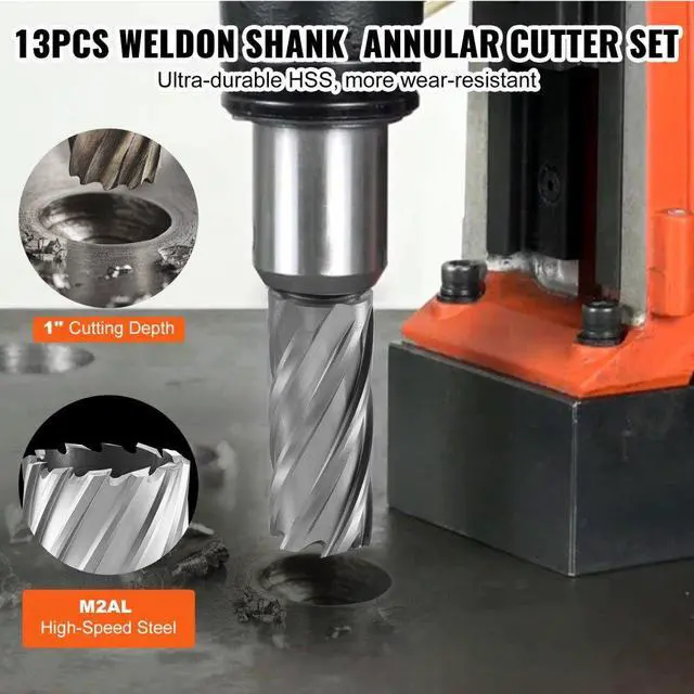 Alt view image 2 of 7 - VEVOR Annular Cutter Set, 13 pcs Weldon Shank Mag Drill Bits, 7/16" to 1-1/16" Cutting Diameter, 1" Cutting Depth, M2AL HSS, 2 Pilot Pins, Hex Wrench and Portable Case, for Using with Magnetic Drills