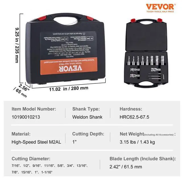 Alt view image 7 of 7 - VEVOR Annular Cutter Set, 13 pcs Weldon Shank Mag Drill Bits, 7/16" to 1-1/16" Cutting Diameter, 1" Cutting Depth, M2AL HSS, 2 Pilot Pins, Hex Wrench and Portable Case, for Using with Magnetic Drills