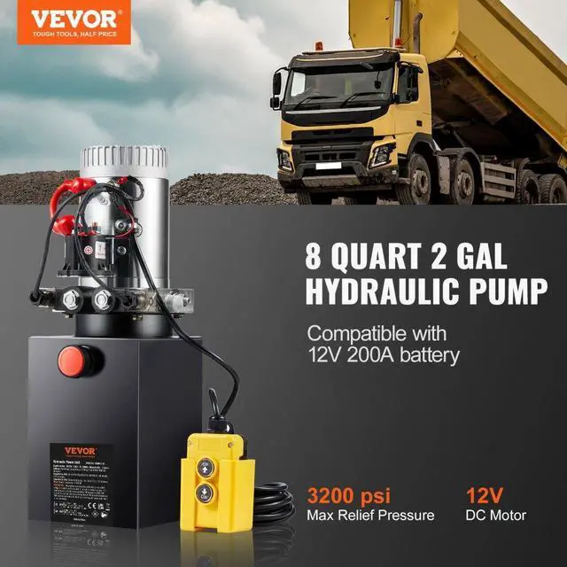 Alt view image 2 of 7 - VEVOR Hydraulic Pump, 8 Quart Hydraulic Power Unit, Double Acting Dump Trailer Pump, 0.91 GPM Flow Rate, 3200 PSI Max Relief Pressure, DC 12V Hydraulic Pump for Dump Trailer Car Lifting