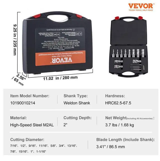 Alt view image 7 of 7 - VEVOR Annular Cutter Set, 13 pcs Weldon Shank Mag Drill Bits, 7/16" to 1-1/16" Cutting Diameter, 2" Cutting Depth, M2AL HSS, with 2 Pilot Pins, Hex Wrench and Portable Case, for Using with Magnetic Dr
