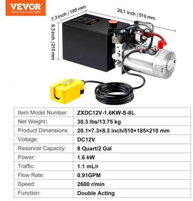 Alt view image 7 of 7 - VEVOR Hydraulic Pump, 8 Quart Hydraulic Power Unit, Double Acting Dump Trailer Pump, 0.91 GPM Flow Rate, 3200 PSI Max Relief Pressure, DC 12V Hydraulic Pump for Dump Trailer Car Lifting