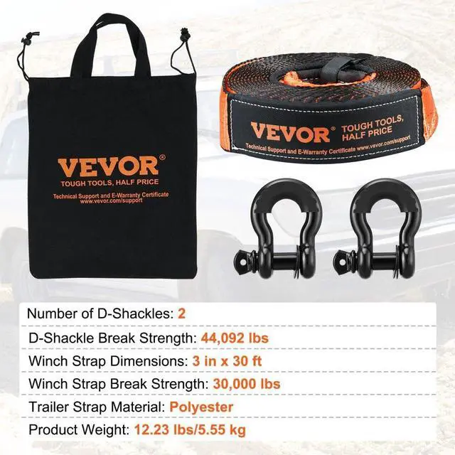 Alt view image 7 of 7 - VEVOR Off-Road Recovery Kit, 3" x 30', Heavy Duty Winch Recovery Kit with 30,000 lbs Capacity Polyester Tow Strap, 44,092 lbs D-Ring Shackles, Storage Bag, for ATVs, Jeeps, Off-Road Vehicles, Trucks