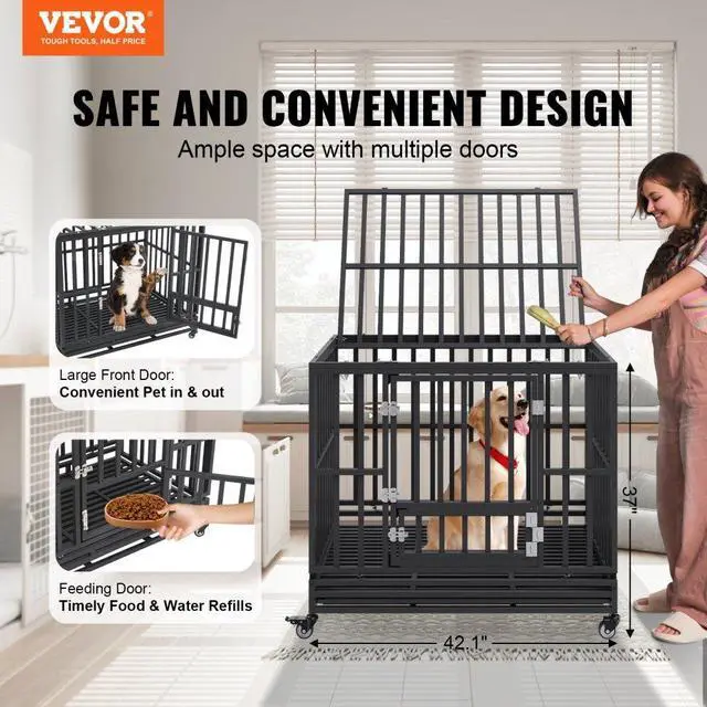 Alt view image 2 of 7 - VEVOR 42 Inch Heavy Duty Dog Crate, Indestructible Dog Crate, 3-Door Heavy Duty Dog Kennel for Medium to Large Dogs with Lockable Wheels and Removable Tray, High Anxiety Dog Crate for Indoor & Outdoor