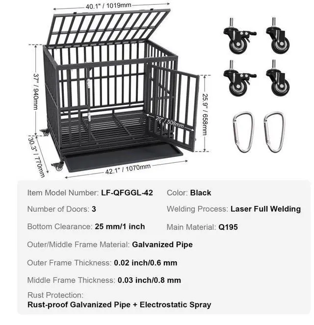 Alt view image 7 of 7 - VEVOR 42 Inch Heavy Duty Dog Crate, Indestructible Dog Crate, 3-Door Heavy Duty Dog Kennel for Medium to Large Dogs with Lockable Wheels and Removable Tray, High Anxiety Dog Crate for Indoor & Outdoor