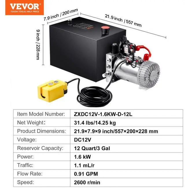 Alt view image 7 of 14 - VEVOR Hydraulic Pump, 12 Quart Hydraulic Power Unit, Single Acting Dump Trailer Pump, 0.91 GPM Flow Rate, 3200 PSI Max Relief Pressure, DC 12V Hydraulic Pump for Dump Trailer Car Lifting