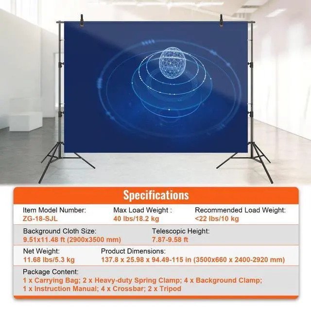 Alt view image 8 of 8 - Vevor 12 X 10 Ft Heavy Duty Backdrop Stand  Height Adjustable Photography Backdrop Stand  Background Support System With 6 Clamps And A Carry Bag  For Party  Wedding  Display  Photo