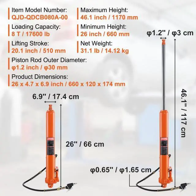 Alt view image 7 of 7 - VEVOR Hydraulic Long Ram Jack 8Ton Clevis Base Engine Hoist Cylinder Single Pump
