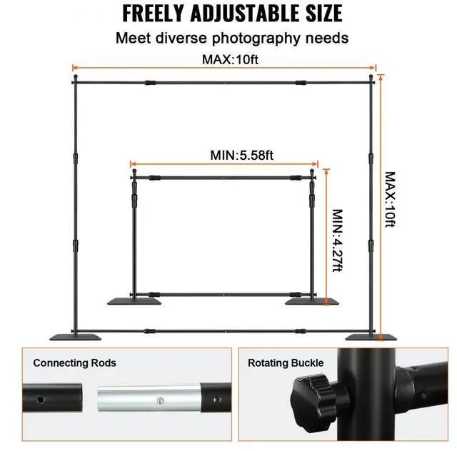 Alt view image 4 of 8 - VEVOR 10ft x 10ft Pipe and Drape Kit, Heavy Duty Backdrop Stand with Carbon Steel Base, Adjustable Backdrop Support with 6 Clamps and A Carry Bag for Wedding, Party, Event, Photography, and Exhibition