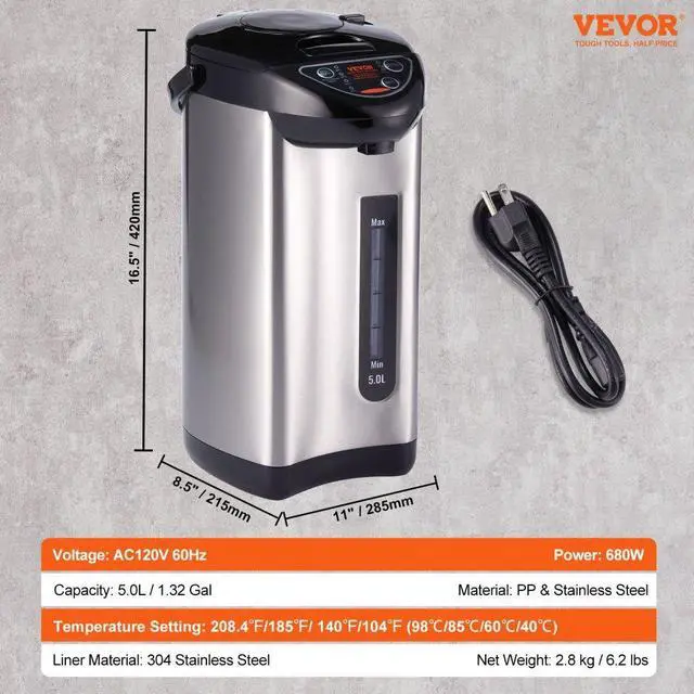 Alt view image 7 of 7 - VEVOR Hot Water Dispenser, Adjustable 4 Temperatures Water Boiler and Warmer, 304 Stainless Steel Countertop Water Heater, 3-Way Dispense for Tea, Coffee and Baby Formula, 5L/169 oz