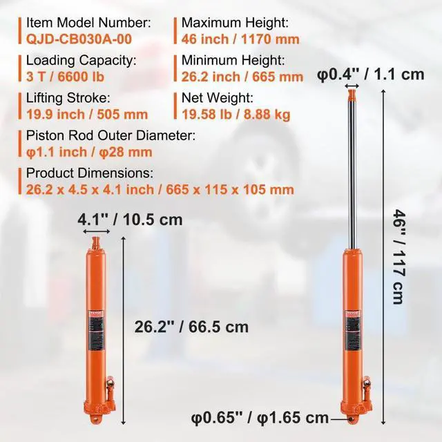 Alt view image 7 of 7 - VEVOR Hydraulic Long Ram Jack 3Ton Clevis Base Engine Hoist Cylinder Single Pump