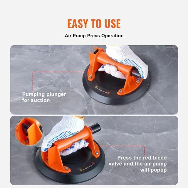 Alt view image 3 of 7 - VEVOR Glass Suction Cup, 8" 615 lbs Load Capacity, Vacuum Suction Cup with Steel Handle and Carry Box, Heavy Duty Industrial Suction Cup Lifter Tool for Glass, Granite, Tile, Metal, Wood Panel Lifting