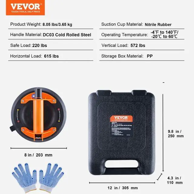 Alt view image 7 of 7 - VEVOR Glass Suction Cup, 8" 615 lbs Load Capacity, Vacuum Suction Cup with Steel Handle and Carry Box, Heavy Duty Industrial Suction Cup Lifter Tool for Glass, Granite, Tile, Metal, Wood Panel Lifting