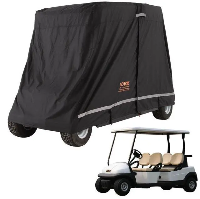 Main image of VEVOR 4 Passenger Golf Cart Cover, 600D Polyester Full Cover, Universal Fits for Most Brand Club Car Covers, Waterproof, Sunproof, and Dustproof Outdoor Golf Cart Cover with Three Zipper Doors, Black