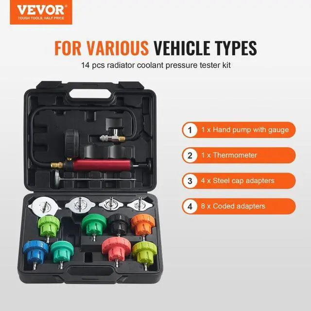 Alt view image 2 of 7 - VEVOR 14 pcs Universal Radiator Pressure Tester Kit, Coolant Pressure Tester Kit with Manual Pump and Color-coded Steel Test Cap Adapters, with Toolbox, For Cars Motorcycles Trucks Cooling System