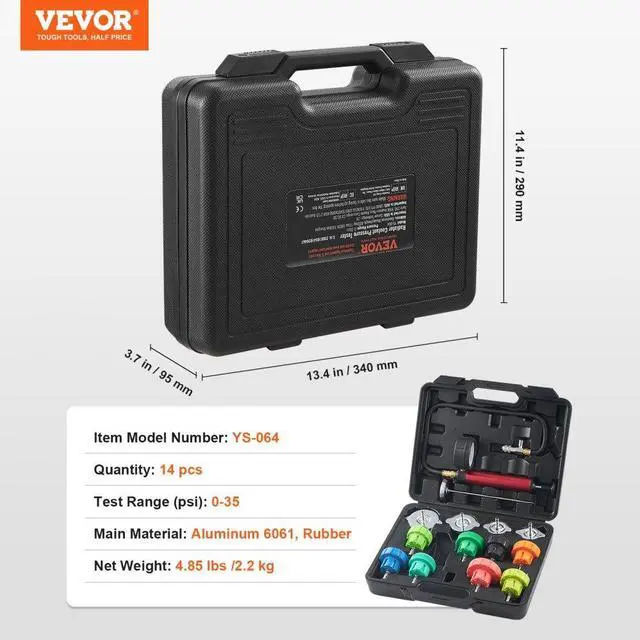 Alt view image 7 of 7 - VEVOR 14 pcs Universal Radiator Pressure Tester Kit, Coolant Pressure Tester Kit with Manual Pump and Color-coded Steel Test Cap Adapters, with Toolbox, For Cars Motorcycles Trucks Cooling System