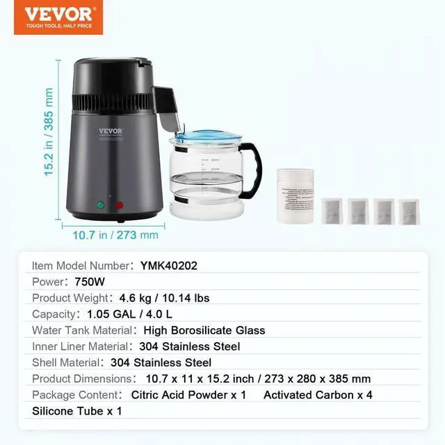 Alt view image 7 of 7 - VEVOR Water Distiller, 4L 1.05 Gallon Pure Water Purifier Filter For Home Countertop, 750W Distilled Water Maker, Stainless Steel Interior Distiller Water Making Machine to Make Clean Water, Gray