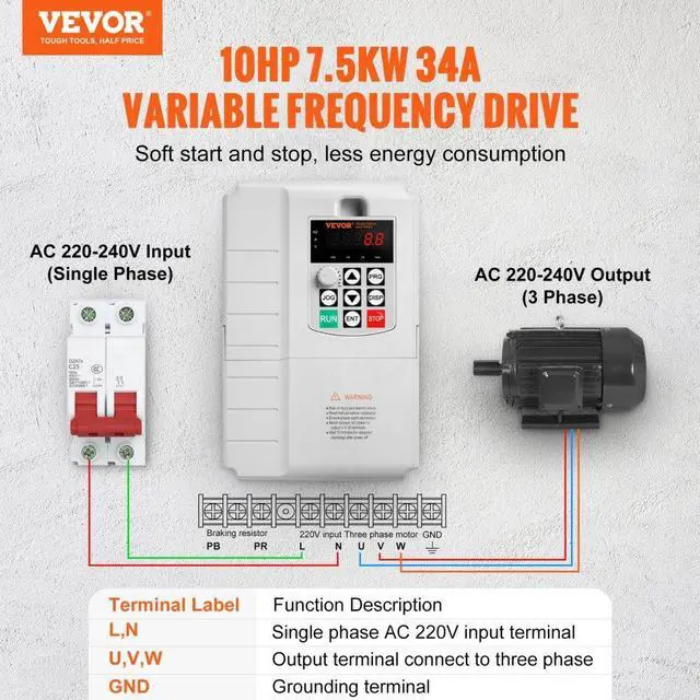 Alt view image 2 of 7 - VEVOR VFD 7.5KW, 34A, 10HP Variable Frequency Drive for 3-Phase Motor Speed Control
