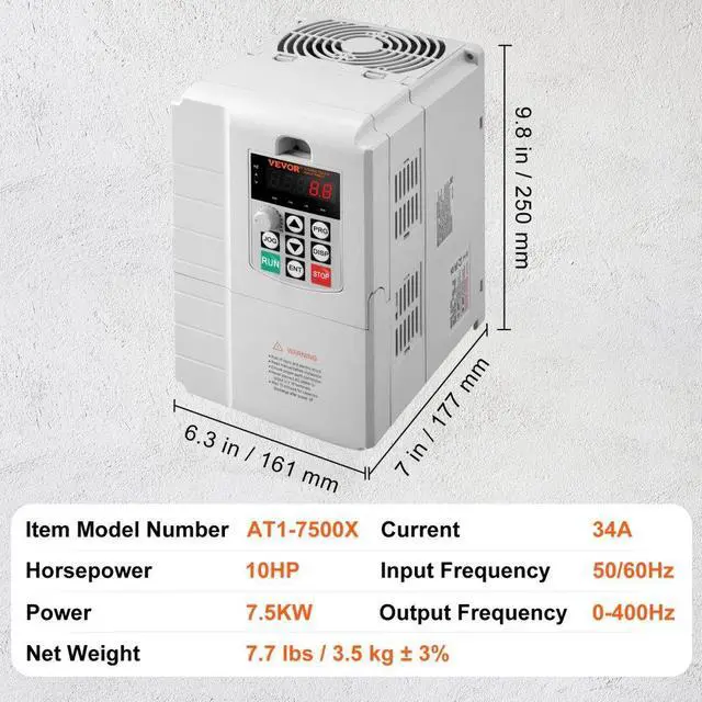 Alt view image 7 of 7 - VEVOR VFD 7.5KW, 34A, 10HP Variable Frequency Drive for 3-Phase Motor Speed Control
