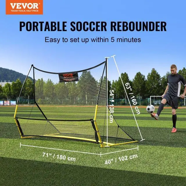 Alt view image 2 of 7 - VEVOR Soccer Trainer, 2-IN-1 Portable Soccer Rebounder Net, 71"x40" Iron Soccer Practice Equipment, Sports Football Rebounder Wall with Portable Bag, Perfect for Team Solo Training, Passing, Volley