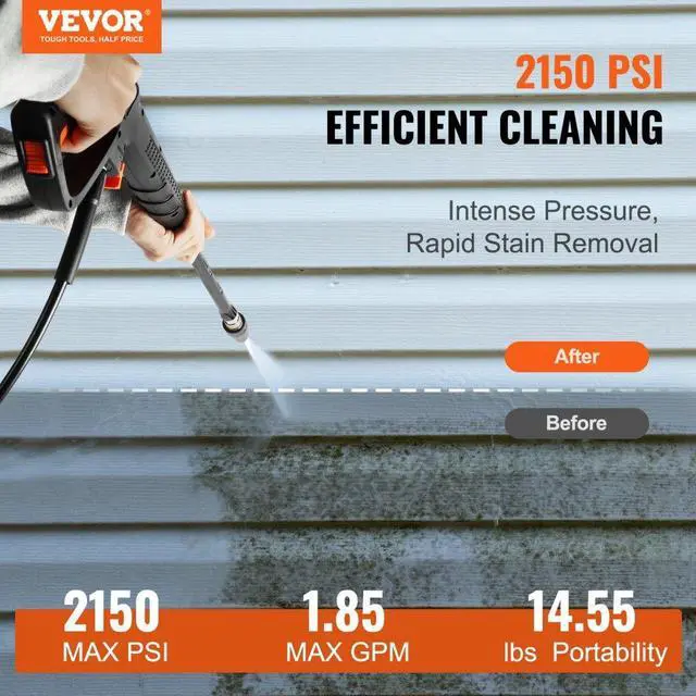 Alt view image 2 of 7 - VEVOR Electric Pressure Washer, 2150-PSI 1.85-GPM, Foam Cannon High-Pressure with 5 Different Nozzle, 20ft Hose/35ft Cord Lightweight Washer, Portable Cleans Cars/Fences/Patios/Furniture/Floor/Window