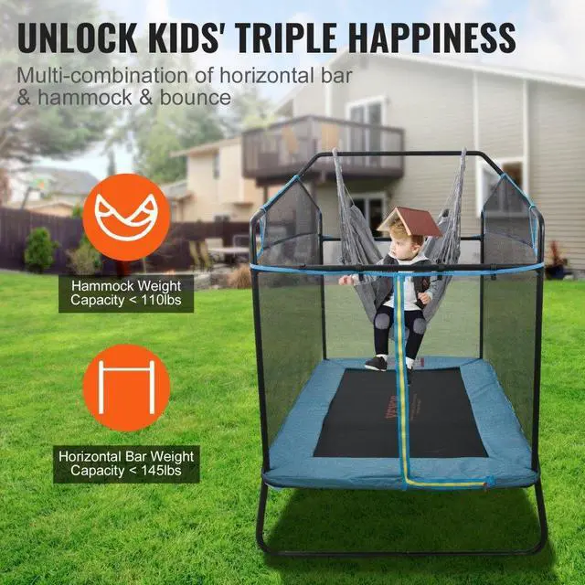 Alt view image 5 of 7 - VEVOR 6FT Trampoline for Kids, 72" Indoor/Outdoor Toddlers Trampoline, Mini Baby Trampoline with Safety Enclosure Net, Gymnastics Bar, Hammock, Recreational Trampoline Birthday Gift for 3+ Years Kids