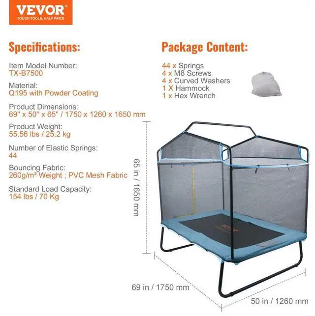 Alt view image 7 of 7 - VEVOR 6FT Trampoline for Kids, 72" Indoor/Outdoor Toddlers Trampoline, Mini Baby Trampoline with Safety Enclosure Net, Gymnastics Bar, Hammock, Recreational Trampoline Birthday Gift for 3+ Years Kids