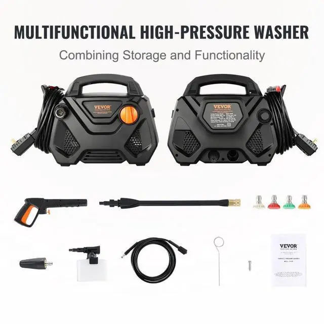 Alt view image 3 of 7 - VEVOR Electric Pressure Washer, 2150-PSI 1.85-GPM, Foam Cannon High-Pressure with 5 Different Nozzle, 20ft Hose/35ft Cord Lightweight Washer, Portable Cleans Cars/Fences/Patios/Furniture/Floor/Window