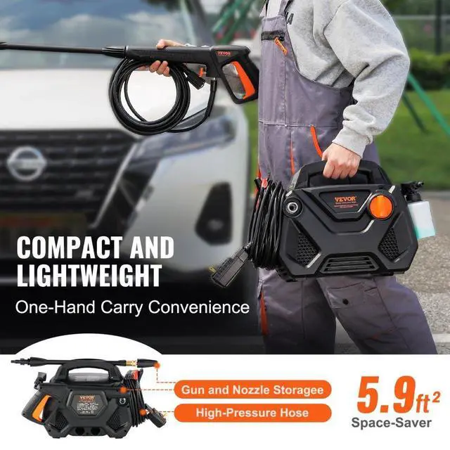 Alt view image 5 of 7 - VEVOR Electric Pressure Washer, 2150-PSI 1.85-GPM, Foam Cannon High-Pressure with 5 Different Nozzle, 20ft Hose/35ft Cord Lightweight Washer, Portable Cleans Cars/Fences/Patios/Furniture/Floor/Window