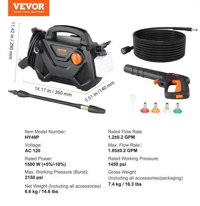 Alt view image 7 of 7 - VEVOR Electric Pressure Washer, 2150-PSI 1.85-GPM, Foam Cannon High-Pressure with 5 Different Nozzle, 20ft Hose/35ft Cord Lightweight Washer, Portable Cleans Cars/Fences/Patios/Furniture/Floor/Window
