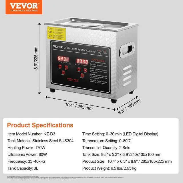 Alt view image 7 of 7 - VEVOR Ultrasonic Cleaner with Digital Timer & Heater, Professional Ultra Sonic Jewelry Cleaner, Stainless Steel Heated Cleaning Machine for Glasses Watch Rings Small Parts Circuit Board (3L)