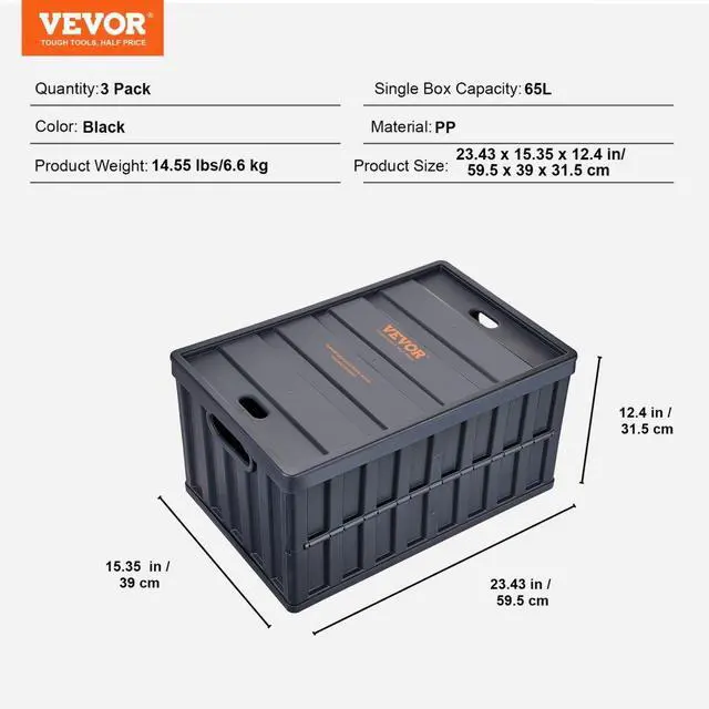 Alt view image 7 of 7 - VEVOR Collapsible Storage Bins with Lids, 65L 3 Packs, Folding Plastic Stackable Utility Crates with Handles, Large Heavy Duty Containers for Clothes, Toys, Books, Snack, Shoes, and Grocery Organizing