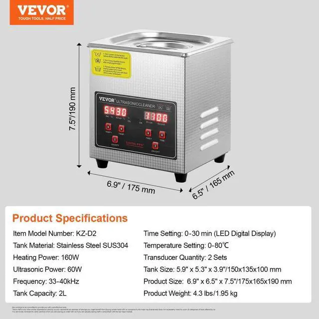 Alt view image 7 of 7 - VEVOR Ultrasonic Cleaner with Digital Timer & Heater, Professional Ultra Sonic Jewelry Cleaner, Stainless Steel Heated Cleaning Machine for Glasses Watch Rings Small Parts Circuit Board (2L)