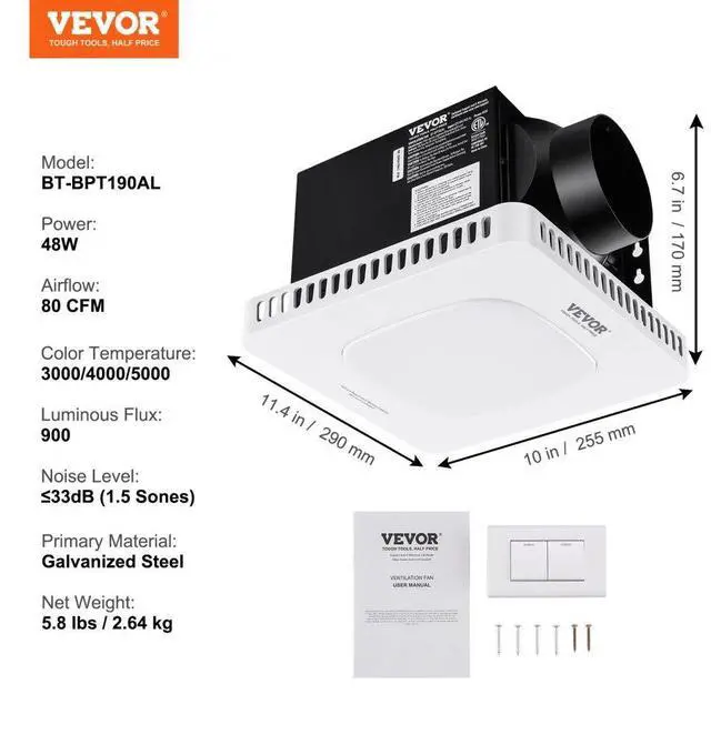 Alt view image 7 of 10 - VEVOR Bathroom Exhaust Fan, 80 CFM High-Efficiency Ventilation, 1.5sones Low Noise Operation All-Copper Motor, Energy-Saving Bathroom Ceiling Fan, No Need For Attic Access, For Various Ceilings