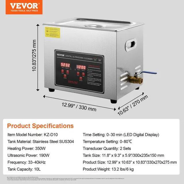 Alt view image 7 of 14 - VEVOR Ultrasonic Cleaner with Digital Timer & Heater, Professional Ultra Sonic Jewelry Cleaner, Stainless Steel Heated Cleaning Machine for Glasses Watch Rings Small Parts Circuit Board (10L)